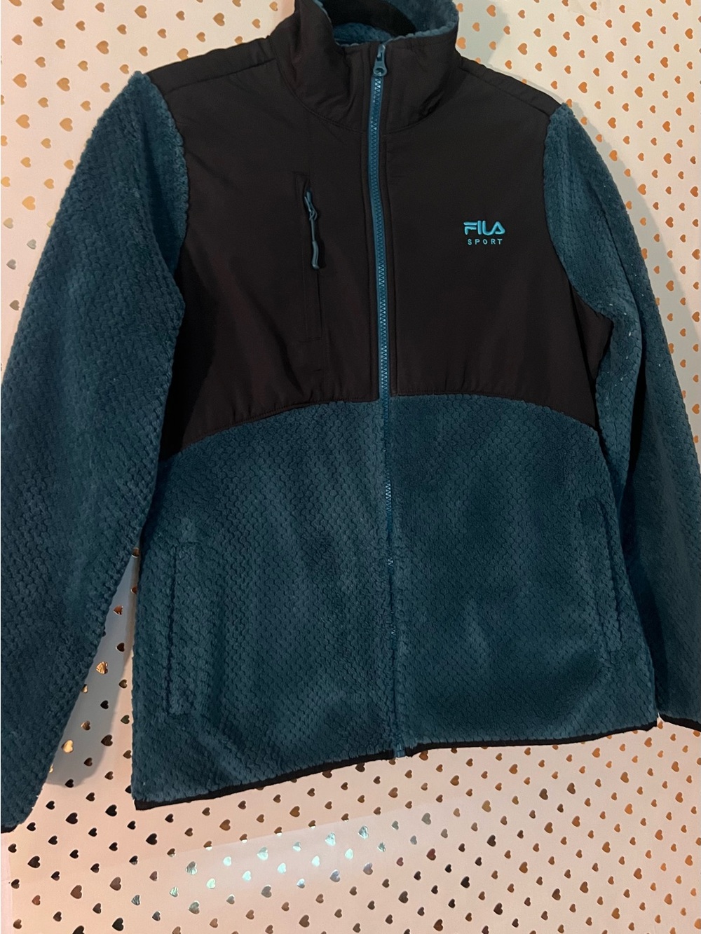 Fila Teal and Black Kids Puffer-Style Fleece Jacket